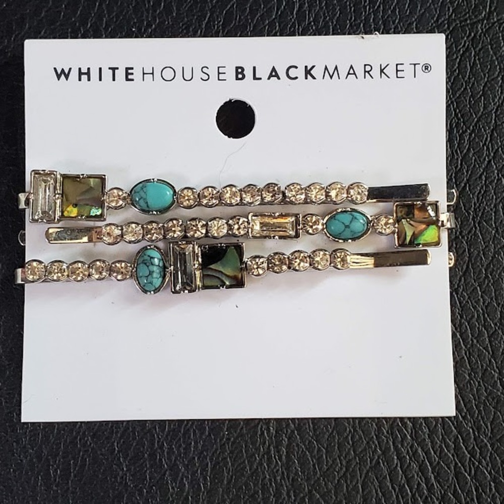 White House Black Market Abalone Turquoise Rhinestone Hair Pin Set 3pc NEW